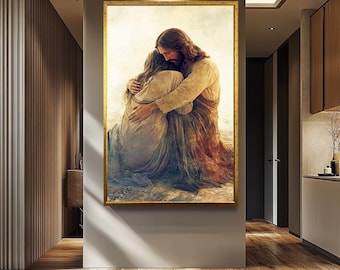 Jesus Christ Embracing Woman Canvas Print, Comfort and Compassion Christian Art, Spiritual Healing Wall Decor, Inspirational Faith Artwork