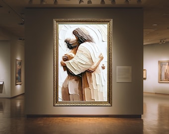 Lienzo texturizado de Jesús abrazando a una mujer en tonos neutros, obra de arte cristiano espiritual con estilo de espátula para una decoración del hogar con fe.