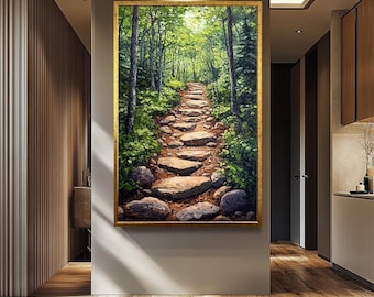 Framed Forest Pathway Canvas Wall Art for Nature Inspired Home Decor, Rustic Woodland Landscape Painting Print for Living Room or Bedroom