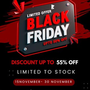 The image is a promotional advertisement for a limited-time Black Friday sale. It features a large black rectangle with the text "LIMITED OFFER BLACK FRIDAY" in red and white, along with a red and white banner below it. The text announces a discount of up to 55% off and a limited-to-stock offer. The date range for the sale is from November 15 to 30, and the sale is exclusively for Artistry Canvas Prints.