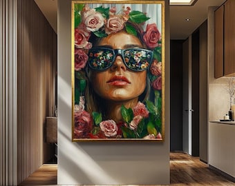 Arte mural floral de mujer, impresión de pintura de retrato moderno, obra de arte abstracto femenino, arte estético de gafas de sol con flores / Arte mural femenino
