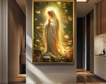 Virgin Mary Wall Art | Religious Canvas Painting | Blessed Virgin Mary Wall Decor | Catholic Prayer Room Wall Decor | Religious Home Art