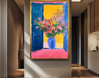 Colorful Floral Window View Wall Art, Henri Matisse Inspired Painting, Bold Flower Vase Canvas Print, Vibrant Fauvist Home Decor, Modern Art