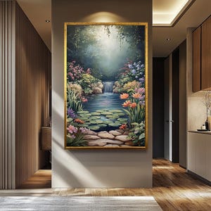 Serene Waterfall Canvas Print Peaceful Garden Pond with Lily Pads and Flowers Tranquil Nature Landscape Wall Art Calming Home Decor image 1