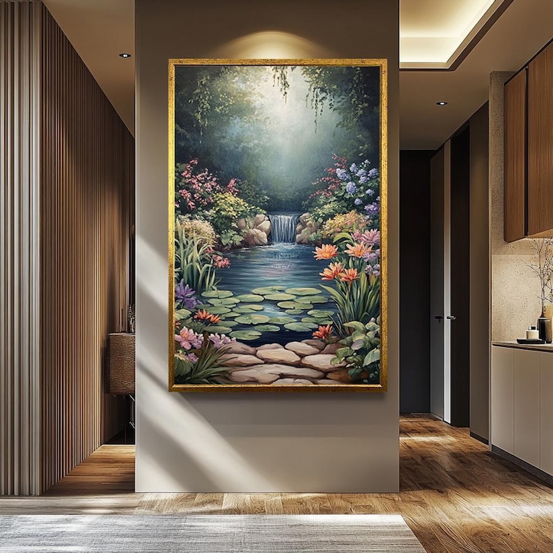 Serene Waterfall Canvas Print Peaceful Garden Pond with Lily Pads and Flowers Tranquil Nature Landscape Wall Art Calming Home Decor image 1