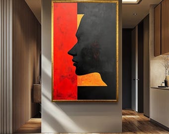 Minimalist Abstract Face Silhouette Painting in Red Black and Orange, Modern Geometric Wall Art for Contemporary Home or Office Décor