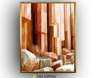 Natural Stone Column Canvas Wall Art Print Featuring Geometric Rock Formations in Warm Earth Tones for Modern Rustic Decor Style
