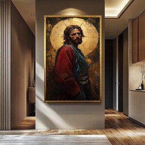 Jesus Christ Passion Portrait Canvas, Sacred Christian Art, Biblical Red Robe Painting, Religious Wall Decor Gold Halo Inspirational Artwork