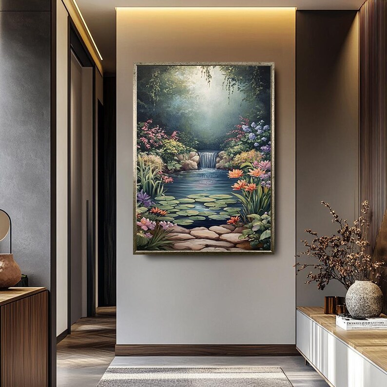 Serene Waterfall Canvas Print Peaceful Garden Pond with Lily Pads and Flowers Tranquil Nature Landscape Wall Art Calming Home Decor image 3