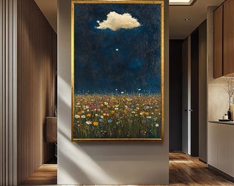 Lienzo impreso de campo de flores silvestres bajo el cielo nocturno, pintura al óleo estilo encáustica, arte mural de paisaje floral de ensueño, póster decorativo para el hogar con cielo azul oscuro.