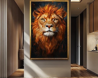雄大なライオンのポートレートキャンバスウォールアート。シュールな動物の絵画。ジャングルの大胆な装飾、サファリ風のリビングルームプリント。