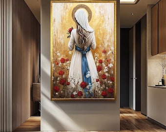 Virgin Mary Wall Art Canvas | Mother Mary with Roses | Religious Artwork | Spiritual Catholic Home Decor | Virgin Mary Wall Decor Framed