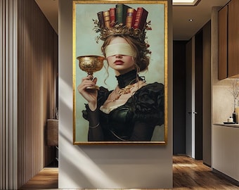 Victorian Gothic Woman Wall Art, Blindfolded Fantasy Lady Print, Dark Academia Aesthetic Decor, Antique Book Crown Painting, Gothic Portrait