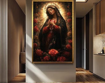 Sacred Virgin Mary Wall Art | Catholic Christian Wall Decor | Spiritual Home Decor | Virgin Mary Wall Decor | Religious Canvas Painting