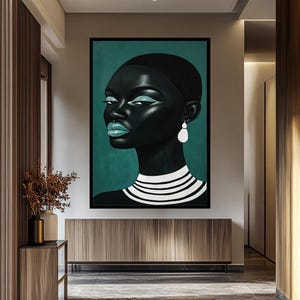 Minimalist African Woman Portrait: Black, White & Teal Modern Canvas Art