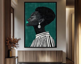 Minimalistisch zwart-wit portret van Afrikaanse vrouw in profiel, moderne afro-kunstprint met groenblauwe lippen en gestreept shirt voor wanddecoratie thuis