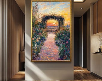 Lienzo impreso de un arco de jardín impresionista con una vibrante puesta de sol y flores en plena floración, inspirado en Claude Monet para una decoración de pared romántica.