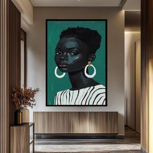 Modern Black Woman Portrait Wall Art, African American Female Painting, Minimalist Green Aesthetic Canvas, Boho Chic Home Decor Print