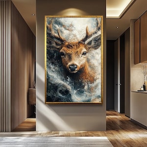 Rustic Deer Portrait Wall Art | Wildlife Animal Canvas Painting | Modern Farmhouse Wall Decor | Deer Wall Decor | Wildlife Canvas Decor
