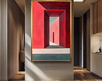 Minimalist Architectural Canvas Print with Red Geometric Passageways, Surreal Abstract Wall Art for Contemporary and Minimalist Interiors