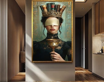 Vintage Gothic Woman Wall Art, Blindfolded Lady with Book Crown Print, Victorian Fantasy Portrait, Dark Academia Aesthetic Decor Vintage Art