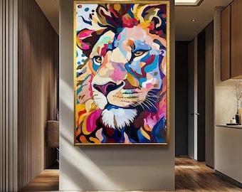 Arte de pared de león colorido / Decoración de pared de animales / Pintura abstracta moderna en lienzo / Decoración de pared de animales salvajes / Decoración de pared de lienzo de león