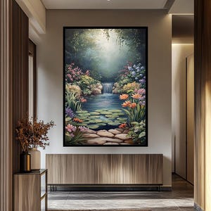 Serene Waterfall Canvas Print Peaceful Garden Pond with Lily Pads and Flowers Tranquil Nature Landscape Wall Art Calming Home Decor image 2