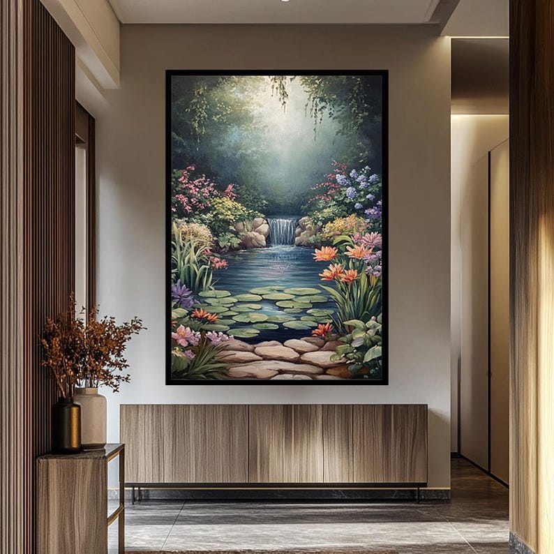 Serene Waterfall Canvas Print Peaceful Garden Pond with Lily Pads and Flowers Tranquil Nature Landscape Wall Art Calming Home Decor image 2