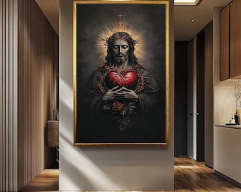 ヴィンテージ額入りイエス・キリスト肖像画 宗教的キリスト教壁アート