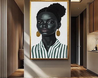 Retrato enmarcado de mujer africana / Pintura moderna de mujer africana / Arte de mujer negra / Impresión artística afro moderna / Impresión artística de retrato elegante