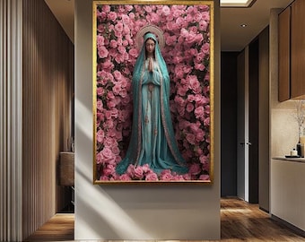 Virgin Mary Wall Art - Graceful Mother Mary Amid Pink Roses - Catholic Religious Decor and Inspirational Gift for Faithful Homes
