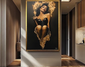 Fiery Women Wall Art - Sensual Abstract Portrait Canvas | Seductive Women Wall Art | Sensual Black and Gold Artwork | Women Wall Decor