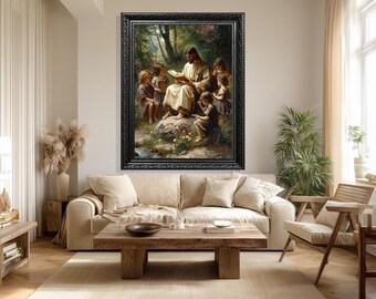 Jesus Teaching Children Canvas Wall Art, Peaceful Christian Print of Bible Lesson in Nature, Spiritual Religious Faith Based Home Decor