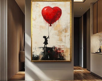 Tableau Toile Banksy Balloon Girl - Impression Moderne Rouge - Neuf - Bold Bloc Design