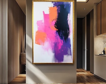 Colorful Abstract Minimalist Wall Art Print  Vibrant Pink, Orange, and Purple Brushstroke Painting for Modern and Cheerful Home Decor