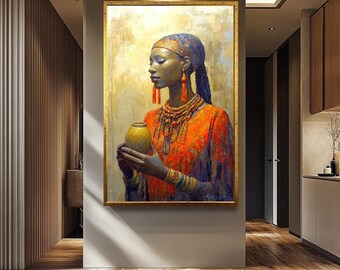 Abstracte Afrikaanse vrouw kunst aan de muur, cultureel portret Afrikaanse vrouw, levendige vrouw portret canvasafdruk, zwarte vrouw artwork modern Home Decor