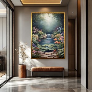 Serene Waterfall Canvas Print Peaceful Garden Pond with Lily Pads and Flowers Tranquil Nature Landscape Wall Art Calming Home Decor image 5