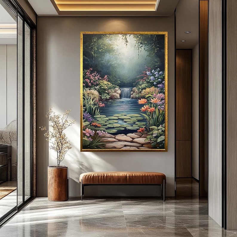 Serene Waterfall Canvas Print Peaceful Garden Pond with Lily Pads and Flowers Tranquil Nature Landscape Wall Art Calming Home Decor image 5