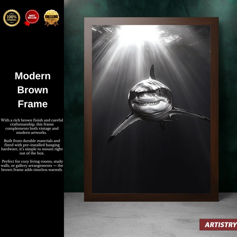 Great White Shark Canvas Print Underwater Ocean Wall Art Black and ...
