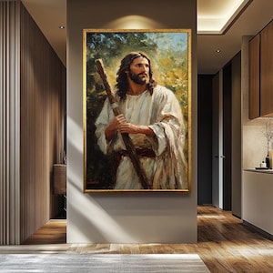 Sacred Jesus Portrait Wall Art | Religious Painting of Christ Holding Staff, Christian Canvas Artwork, Spiritual Home Decor for Living Room