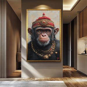 Retrato de mono real, lienzo de arte mural. Chimpancé surrealista con corona enjoyada y joyas majestuosas para una decoración animal ecléctica y audaz.