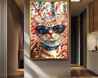 Arte mural pop art de gatos geniales / Pintura abstracta retro de gatos con gafas de sol / Arte mural de gatos / Arte mural de animales coloridos y divertidos / Decoración de animales