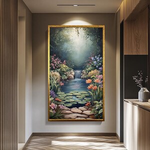 Serene Waterfall Canvas Print Peaceful Garden Pond with Lily Pads and Flowers Tranquil Nature Landscape Wall Art Calming Home Decor image 7