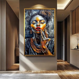 Afro Woman Portrait Canvas: Modern Gold & Red Abstract Art