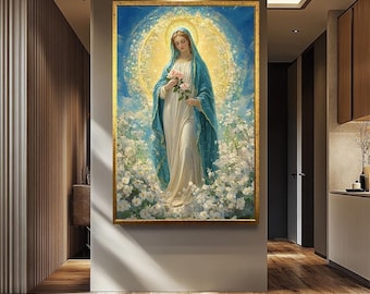 Virgin Mary Wall Art Canvas | Mother Mary in Floral Surroundings | Religious Artwork for Spiritual Home Decor | Religious Wall Decor