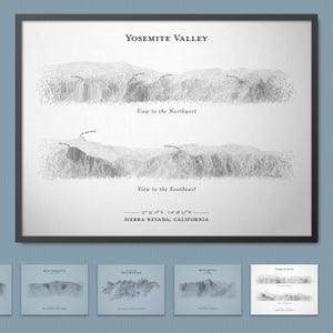 Poster d'esquisse du relief de la vallée de Yosemite (demi-dôme, El Capitan, dôme nord) | Décoration murale de carte du terrain avec option de cadre