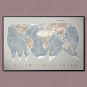 May include: Framed world map print in a unique, stylized design. The map features a light blue ocean and tan landmasses, with the title "THE PHYSICAL WORLD" at the bottom. The map is framed in a black border.