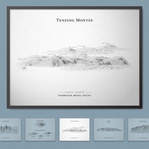 Cartaz de esboço de relevo de Tenzing Montes (picos mais altos de Plutão) | Arte de parede de mapa de terreno com opção de moldura