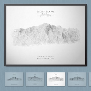 Poster de croquis du relief du Mont Blanc / Monte Bianco (plus haut sommet des Alpes) | Décoration murale de carte du terrain avec option de cadre