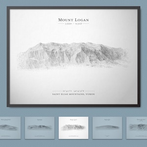Cartaz de esboço de relevo do Monte Logan (ponto mais alto do Canadá) | Arte de parede de mapa de terreno com opção de moldura